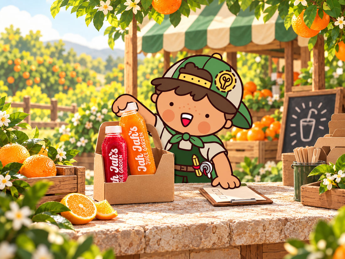 Nico carefully packs orange and ruby juice bottles at the garden stand.