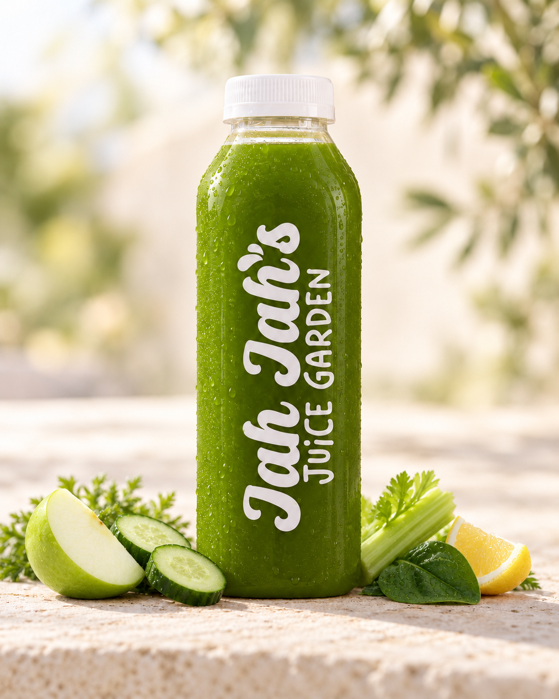 Garden Glow green juice with green apple, spinach, cucumber, celery and lemon.