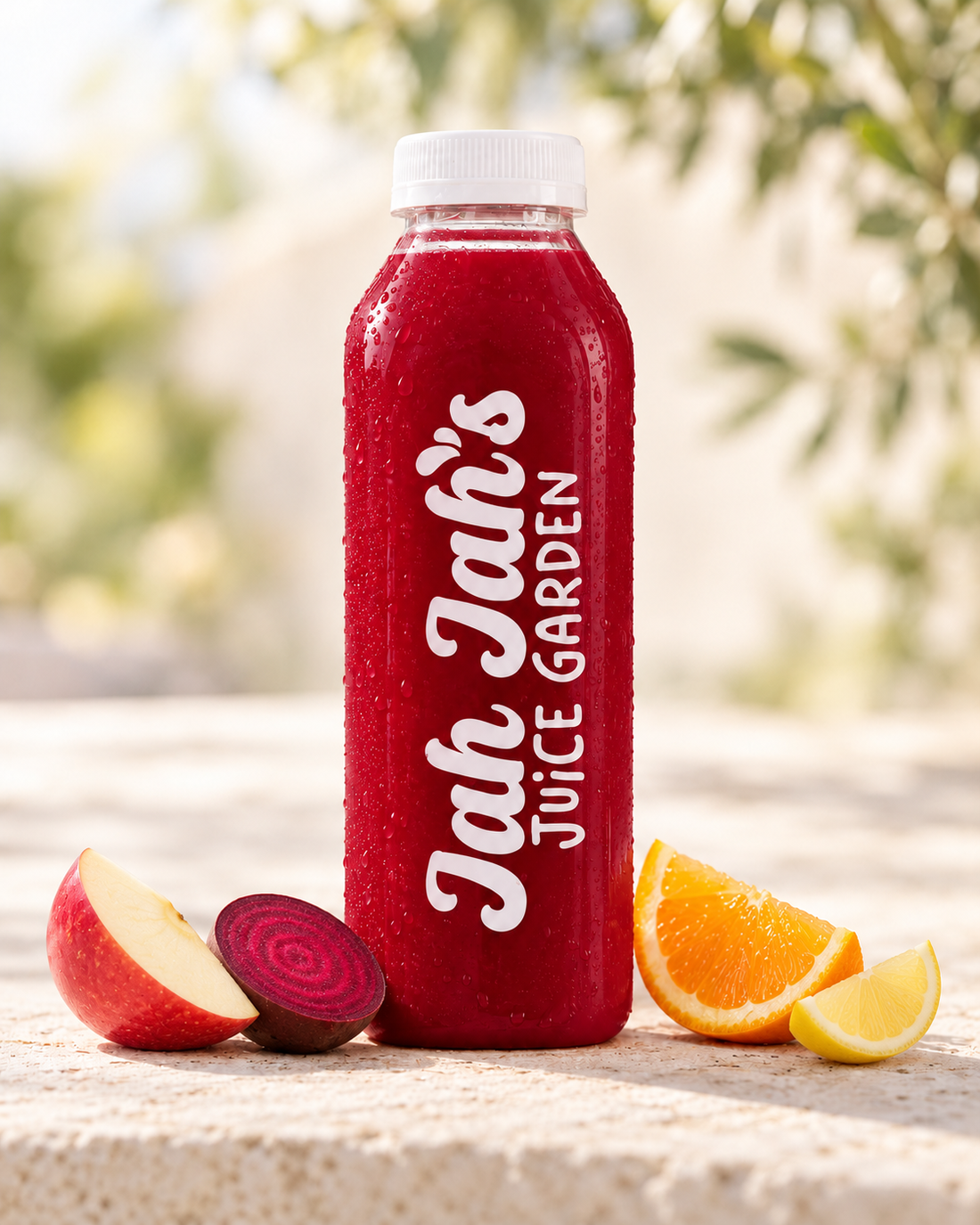 Hydration Hero ruby juice with orange, apple, beet and lemon.