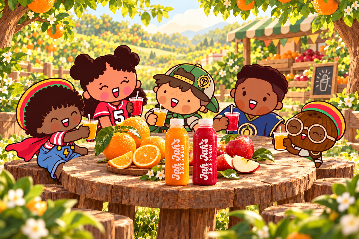 Jah Jah, Nico, Jada, Jaden and Walt share juice around their garden picnic table.