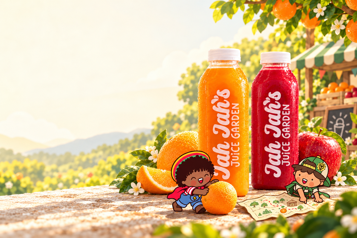 Real orange and ruby juice bottles in the garden, with Jah Jah rolling an orange and Nico planning their adventure.